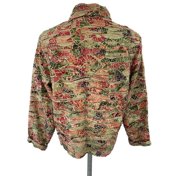 Life Style Womens Shirt Jacket Green Brown Floral Buttons Pintuck Beaded Lined - Picture 3 of 10